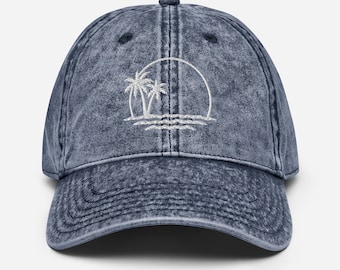 Chapeau vintage brodé de palmiers doubles, casquette de baseball de plage minimaliste, chapeau de papa en coton lavé, cadeau de palmier tropical pour les voyageurs