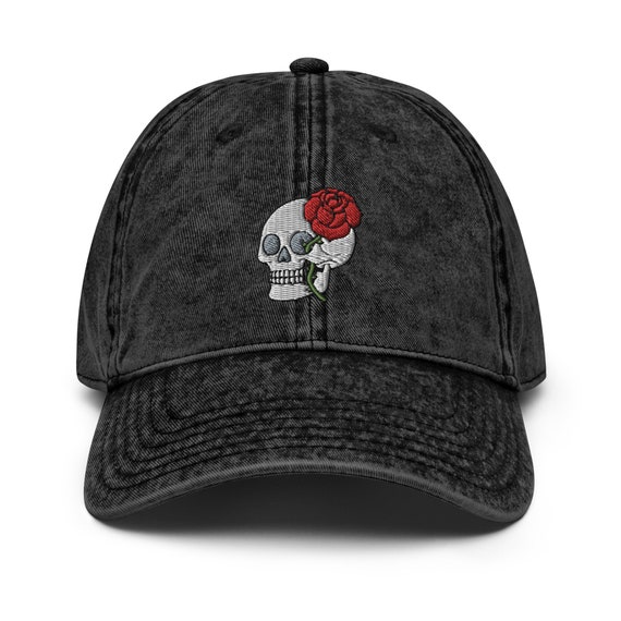 Rose Skull Embroidered Hat Red Rose Skull Hat Faded Cap Rose