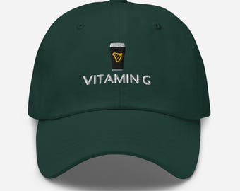 Vitamin G Embroidered Dad Hat, Funny Guinness Inspired Beer Cap, Gift for Beer Lovers Irish Pubs, Cotton Twill Unisex Adjustable