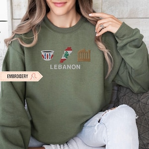 Sudadera bordada del Líbano, suéter de cuello redondo del Líbano, mapa de Beirut Baalbek, Líbano, suéter con la bandera del Líbano bordada como recuerdo