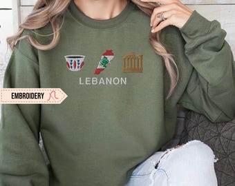 Embroidered Lebanon Sweatshirt, Lebanese Crewneck Sweater, Beirut Baalbek Lebanon Map, Embroidery Souvenir Lebanon Flag Sweater Shirt