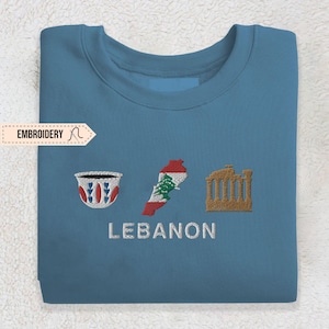 Sudadera bordada del Líbano, suéter de cuello redondo del Líbano, mapa de Beirut Baalbek, Líbano, suéter con la bandera del Líbano bordada como recuerdo