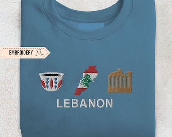 Embroidered Lebanon Sweatshirt, Lebanese Crewneck Sweater, Beirut Baalbek Lebanon Map, Embroidery Souvenir Lebanon Flag Sweater Shirt