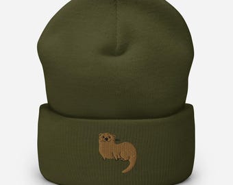 Otter Embroidered Beanie Cute Otter Cuffed Beanie Otter Embroidered Handmade Winter Hat Otter Lover Gift