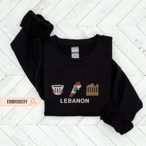Sudadera bordada del Líbano, suéter de cuello redondo del Líbano, mapa de Beirut Baalbek, Líbano, suéter con la bandera del Líbano bordada como recuerdo