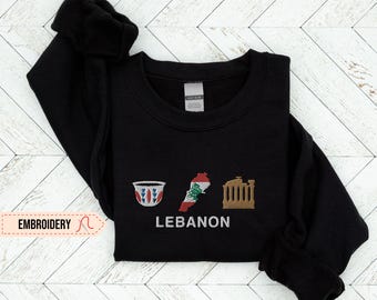 Embroidered Lebanon Sweatshirt, Lebanese Crewneck Sweater, Beirut Baalbek Lebanon Map, Embroidery Souvenir Lebanon Flag Sweater Shirt