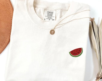 T-shirt brodé pastèque Comfort Colors®, t-shirt d'été aux fruits, jolie chemise en coton vintage, t-shirt cadeau pique-nique unisexe coupe décontractée
