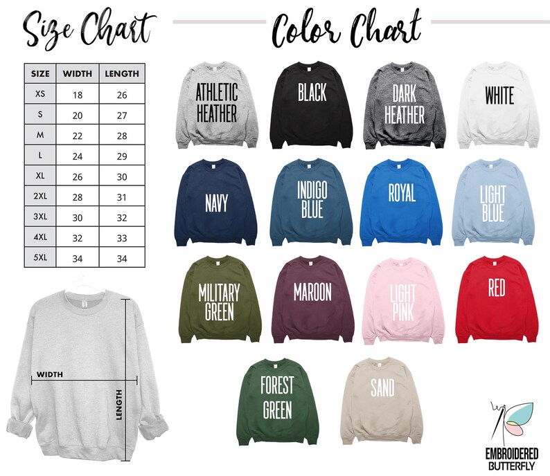 May include: A size chart and color chart for sweatshirts. The color chart displays sweatshirts in various colors, including black, navy, and red. The size chart shows measurements in inches for width and length, ranging from XS to 5XL.