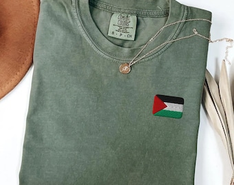 Comfort Colors® Palestine Flag Embroidered T-Shirt, Free Palestine Shirt, Unisex Cotton Tee, Palestinian Pride Gift Pro Palestine Embroidery