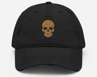 Gorra bordada con calavera, gorra desgastada con calavera forrada, regalo para amantes de las calaveras, gorra unisex negra con calavera dorada