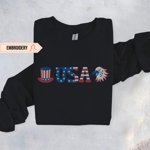 USA Embroidered Sweatshirt, United States Embroidery America Crewneck Eagle US Flag Gift For Patriot July 4th