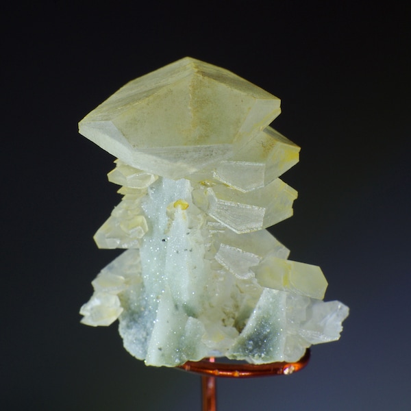 Beatiful near perfect pagoda calcite tower thumbnail specimen in Perky box, China