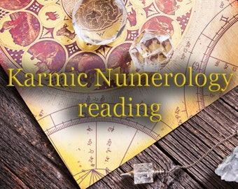 Puede incluir: Un primer plano de una carta de numerología de estilo vintage con un péndulo, cristales y el texto "Karmic Numerology reading".