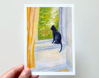 Black Cat By the Window Art Print - Gouache Painting (A5/A6)