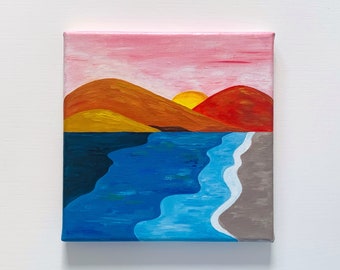 Repensé | Peinture originale acrylique de paysage coucher de soleil réinventée, acrylique sur toile tendue, 20 x 20 cm