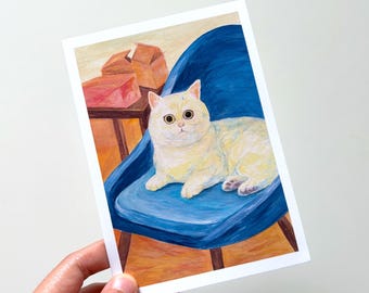 Cosy Cat on Blue Chair Art Print - Gouache Painting (A5/A6)