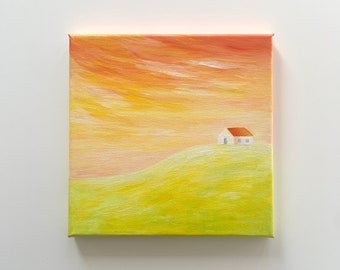Nature's Retreat (Version orange) | Peinture acrylique originale de paysage, acrylique sur toile tendue, 20 x 20 cm