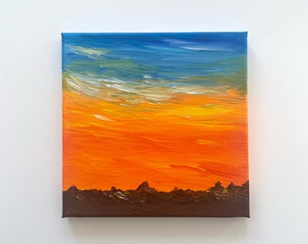 Tramonto / Pittura di paesaggio astratto acrilico originale, acrilico su tela tesa, 20 x 20 cm