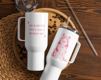 Collie Reisebecher mit Griff, weißer Thermobecher, raue Collie-Hundemama-Tasse, Collie-Liebhaber-Trinkgeschirr, Hundebesitzer-Becher mit Strohhalm