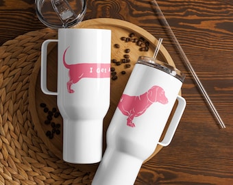 Roze teckel reismok met handvat, wiener hondenbeker met handvat, Doxie Cup cadeau, worsthond koffiebeker, geïsoleerde beker hond moeder