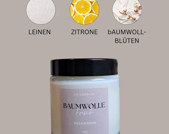 Sojawachs Duftkerze Baumwolle frisch – handgemacht im Glas | 90 g natürliche Kerze für Entspannung, gemütliche Abende & Geschenkidee