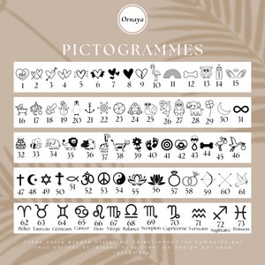 Image d'une affiche présentant 73 pictogrammes variés, comprenant des symboles d'amour, de nature, d'animaux, des signes astrologiques et des symboles religieux pour personnaliser des médaillons.