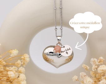 Silver Heart Pregnancy Bola – Customizable with Lithotherapy Pearl & Custom Engraved Medallion – pregnancy announcement