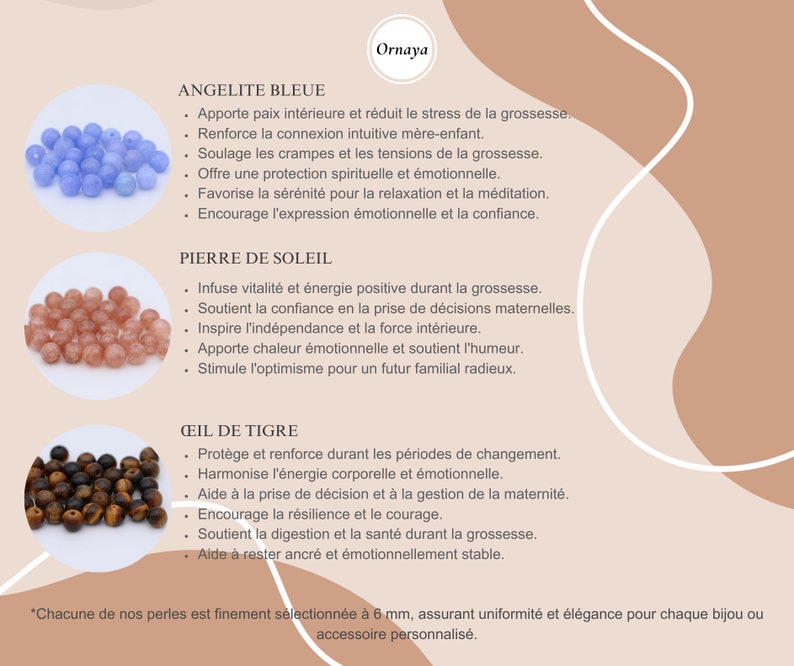 Caractéristiques de l'angelite bleue, de la pierre de soleil et de l'œil de tigre, perles de lithothérapie pour bolas de grossesse, avec focus sur le bien-être maternel.