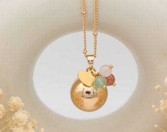 Customizable Golden Pregnancy Bola with Charm and three Lithotherapy Beads – Harmonious Jewelry for Future Mom - harmony ball