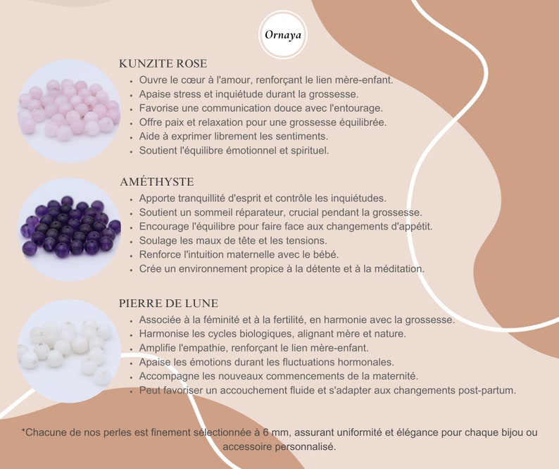 Informations sur la kunzite rose, l'améthyste et la pierre de lune, perles de lithothérapie pour bolas de grossesse, avec bienfaits émotionnels et spirituels.
