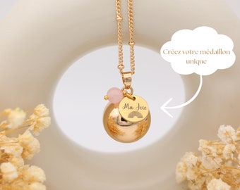 Smooth golden pregnancy bola Customizable with medallion to engrave and Lithotherapy pearl of your choice – Future mother – pregnancy bolas