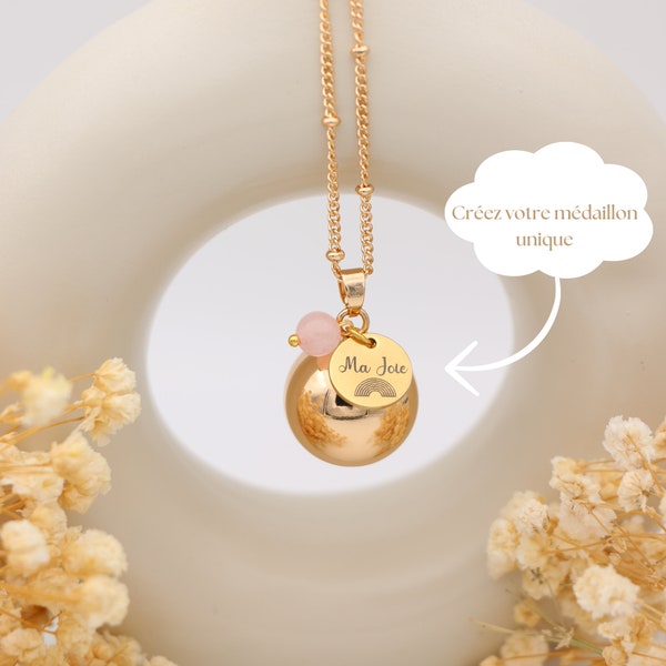 Smooth golden pregnancy bola Customizable with medallion to engrave and Lithotherapy pearl of your choice – Future mother – pregnancy bolas