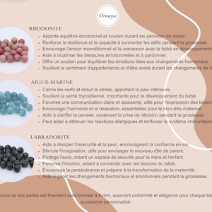 Détails de la rhodonite, de l'aigue-marine et de la labradorite, perles de lithothérapie pour bolas de grossesse, accentuant l'équilibre et le soutien durant la grossesse.