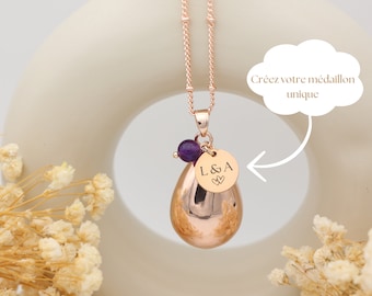 Rose Gold Water Drop Pregnancy Bola - Customizable Jewelry with Choice of Font, Pictogram & Lithotherapy Bead - pregnancy announcement