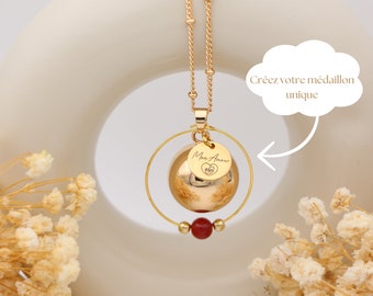 Customizable Pregnancy Bola, Gold finish, with Circle and Lithotherapy Bead of your choice, Customizable Medallion, chosen by you