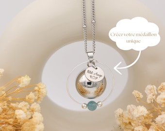Bola di gravidanza liscia in argento personalizzabile - Include cerchio, perla di litoterapia a tua scelta e medaglione incisibile - regalo di gravidanza