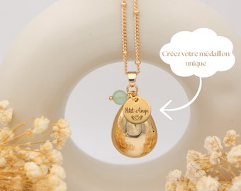 Personalizable Pregnancy Bola Gold Water Drop with Engravable Medallion and Lithotherapy Pearl of your Choice - harmony ball - bola