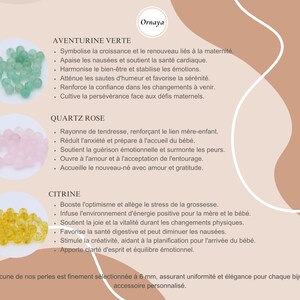 Propriétés de l'aventurine verte, du quartz rose et de la citrine, perles de lithothérapie pour bolas de grossesse, mettant en avant santé et sérénité maternelle.