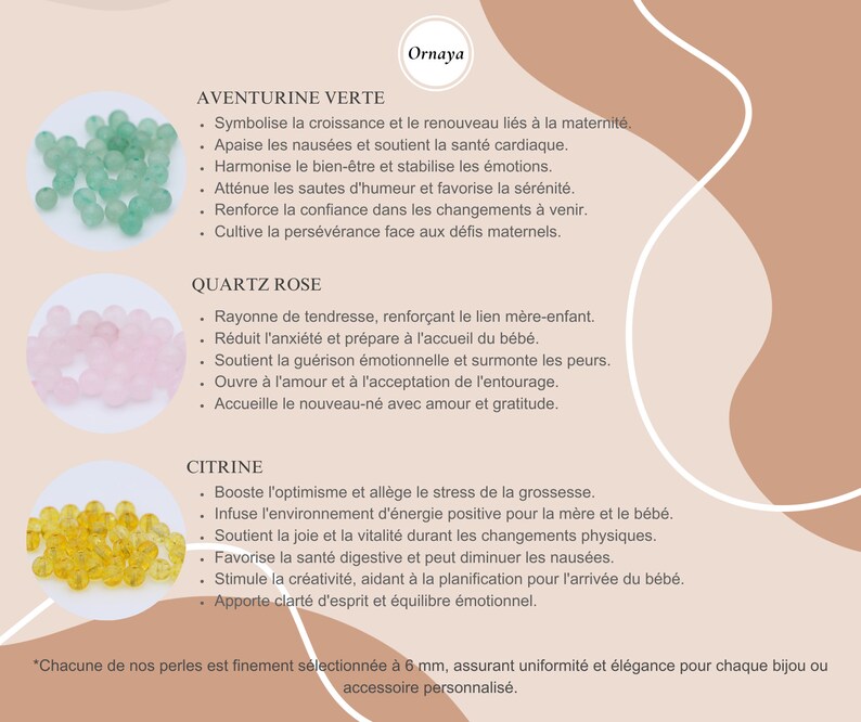 Propriétés de l'aventurine verte, du quartz rose et de la citrine, perles de lithothérapie pour bolas de grossesse, mettant en avant santé et sérénité maternelle.