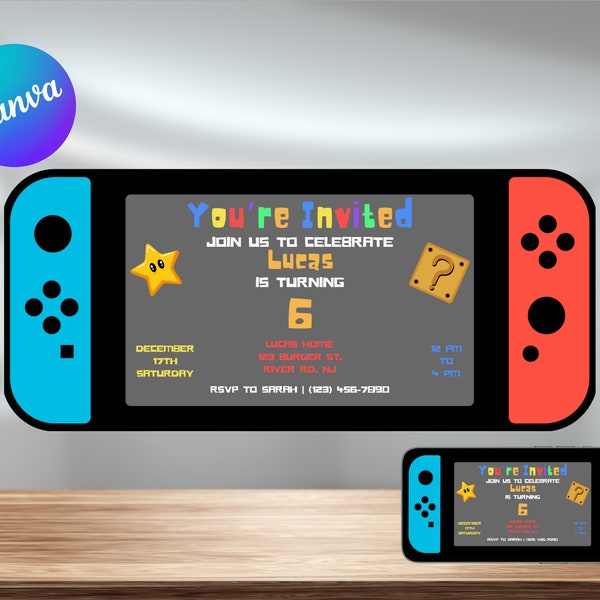 Nintendo Switch Invitation, Kids Party Invitation, Digital Invitation, Kids Invitations, Super Mario, Nintendo Invite, Canva Template