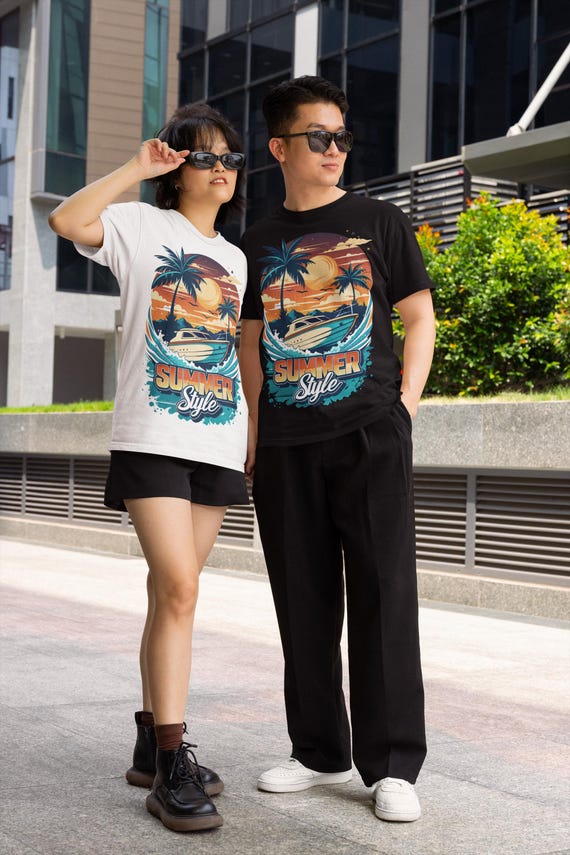 Summer Style Boat T-shirt, Tropical Yacht Sunset Tee, Ocean Wave