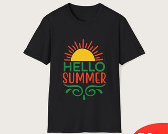Hallo zomer-T-shirt, retro zonneschijn grafisch T-shirt voor uniseks strandkleding, leuke zomerse vakantieshirt, cadeau-idee voor reisliefhebbers
