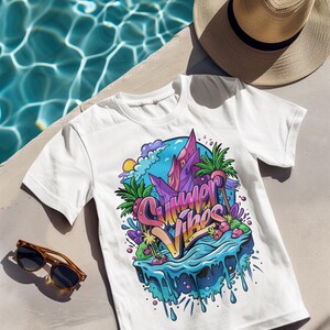Sommer Vibes Grafik-T-Shirt, tropisches Tropf-Karikatur-Shirt, lebhaftes Strand-T-Shirt für Festivals, buntes Ozean-Urlaubs-Oberteil