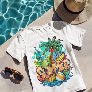 Colorful Summer Beach T-Shirt, Tropical Vacation Graphic Tee with Palm Trees and Juice Print, Fun Summer Vibes Shirt for Men and Women