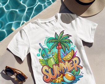 Kleurrijk zomerstrand-T-shirt, grafisch T-shirt tropische vakantie met palmbomen en sapprint, leuk zomershirt voor mannen en vrouwen