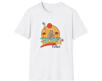 Dancing Skeleton Summer Shirt, Retro Summer Vibes Tee, Funny Beach Skeleton Graphic T-Shirt, Y2K Spooky Summer Shirt