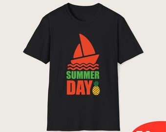 Zomerdagshirt, tropisch ananasboott-shirt, minimale vakantie T-shirt voor strandliefhebbers, retro zomer grafisch T-shirt uniseks cadeau