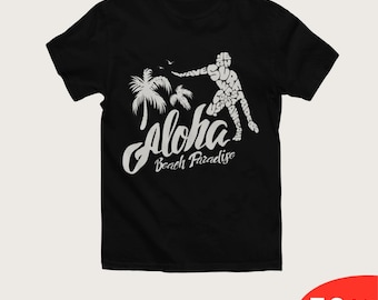 Maglietta vintage con scritta "Surf Adventure", maglietta con grafica "Palma Tree Beach", maglietta con atmosfera tropicale, maglietta da viaggio "Summer Paradise"