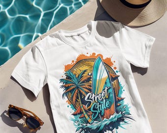Street Style Surfboard Shirt, Grunge Summer Beach Tee, Urban Ocean Wave Graphic T-Shirt, Tropical Skate Aesthetic Unisex Top