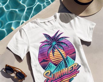 Maglietta estiva retrò con palma al tramonto, maglietta grafica da spiaggia con onde vaporwave al neon, maglietta estiva con estetica anni '80, top per feste tropicali
